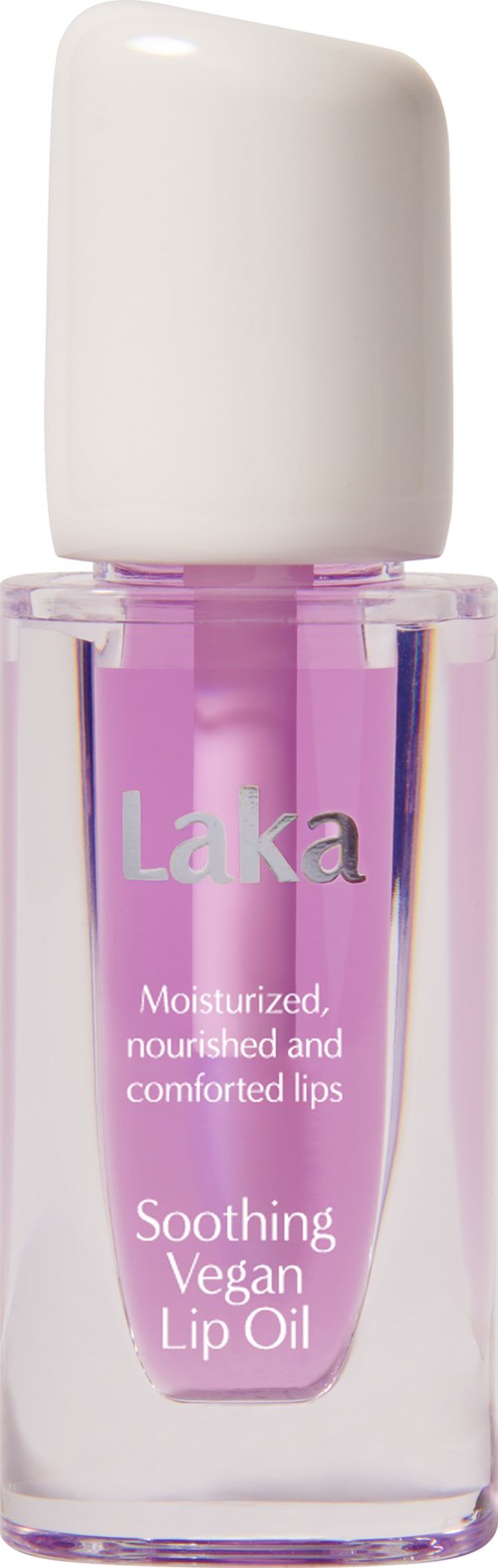 Kleine fles Laka vegan lipolie met paarse kleur en witte dop, gelabeld voor verzachtende, hydraterende lippen.