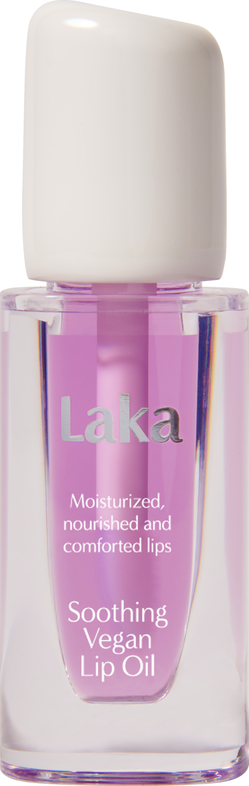 Klein flesje lip olie met label 'Laka' voor kalmerende, veganistische en hydraterende lippen.