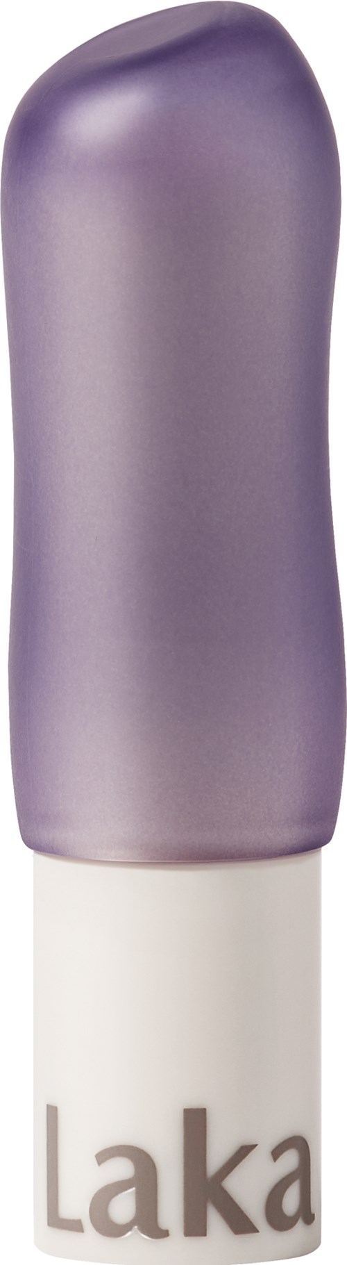 A lipstick with a purple cap and white base labeled 'Laka' in gray letters.