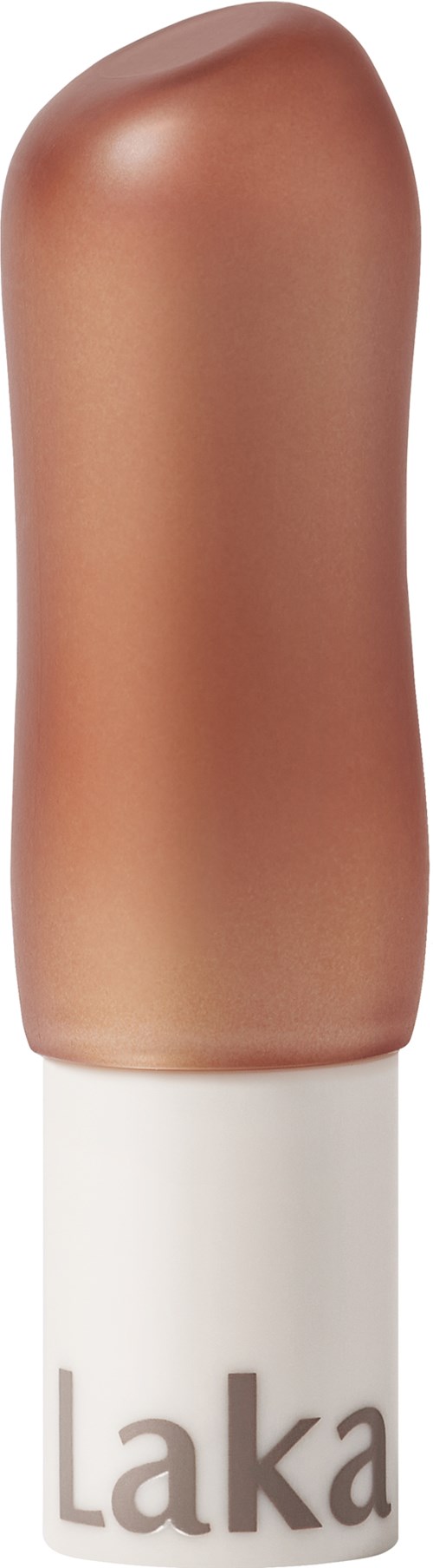A cosmetic stick with a beige cap and a white base with "Laka" written on it.