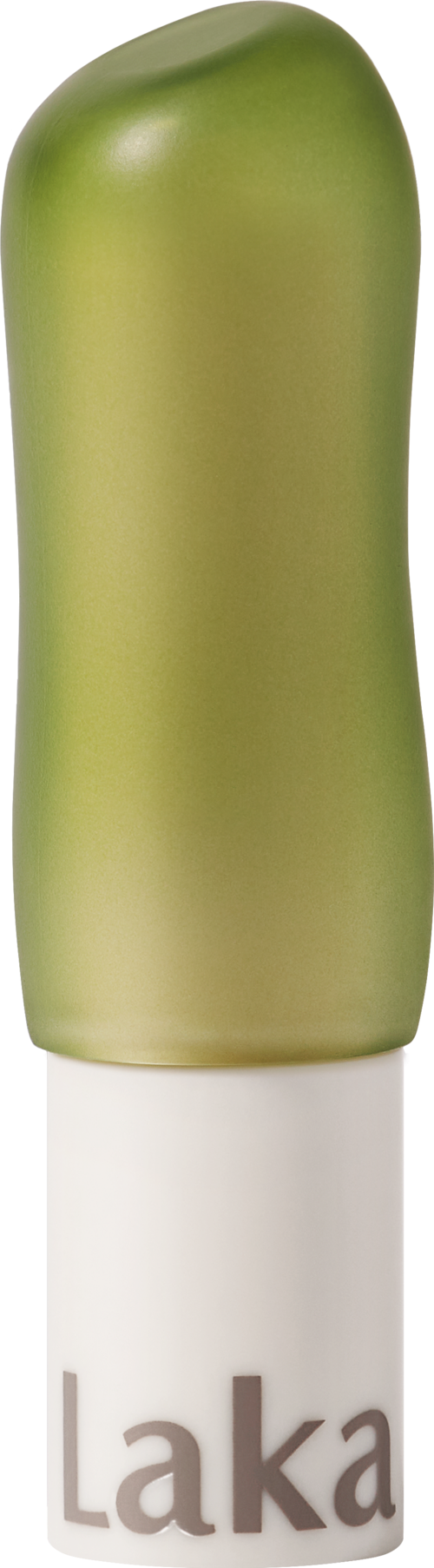 Een groene en witte fles met het woord "Laka" erop, mogelijk een drankje of cosmetisch product.