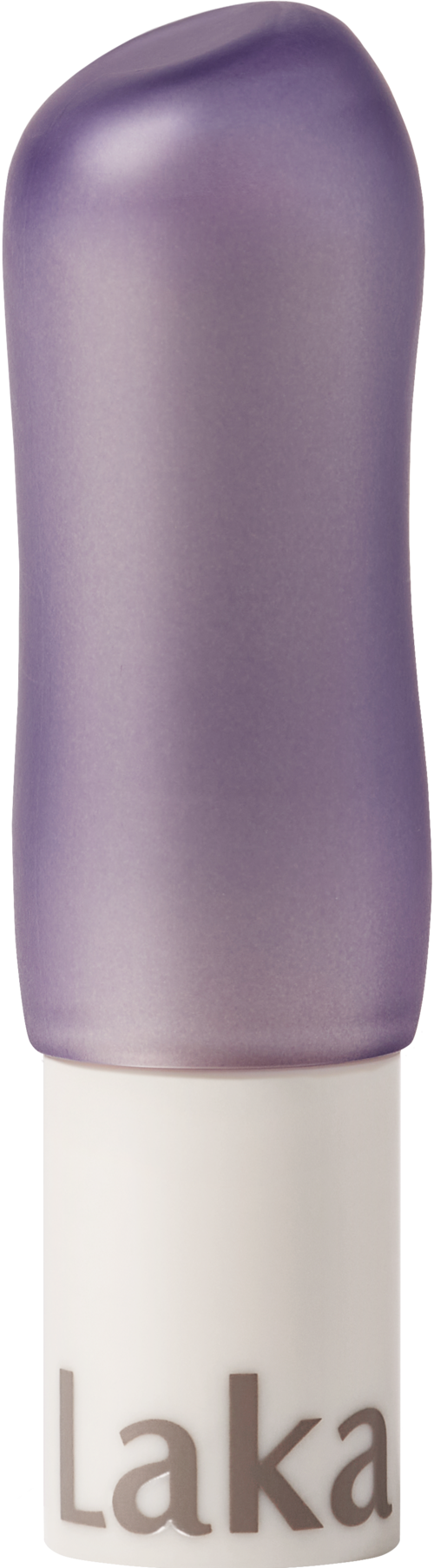 A white and purple lip balm stick with the brand name "Laka" on the white part.