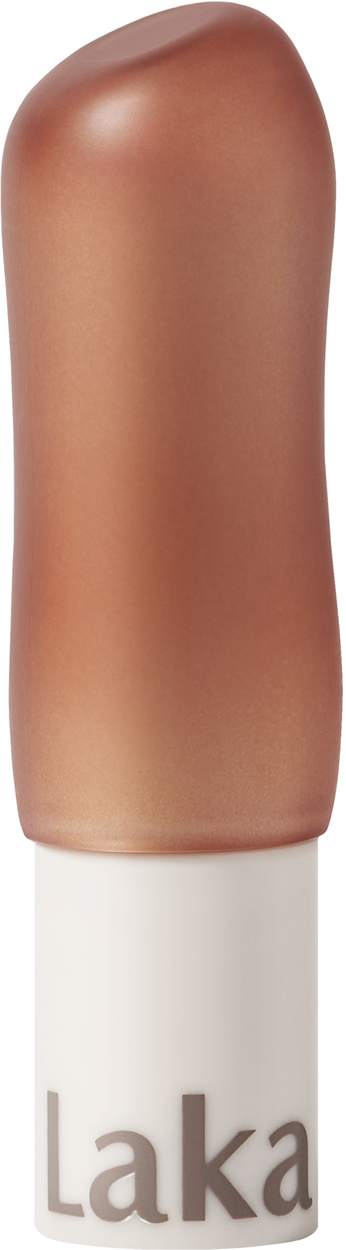 A lipstick shaped like a lipstick tube with a bronze-colored cap and white base labeled 'Laka'.