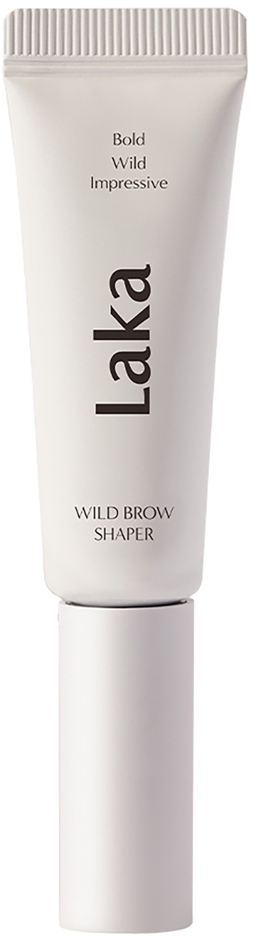 Een witte tube met een wenkbrauwvormproduct genaamd 'Ilaka' met woorden 'Bold, Wild, Impressive'.