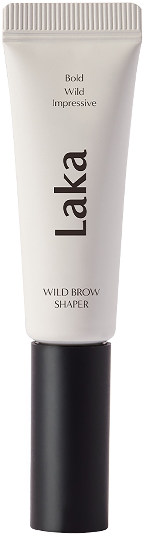 Valkoinen putki, jossa musta teksti ja musta korkki, nimeltä Lakka Wild Brow Shaper, suunniteltu kulmakarvojen muotoiluun.