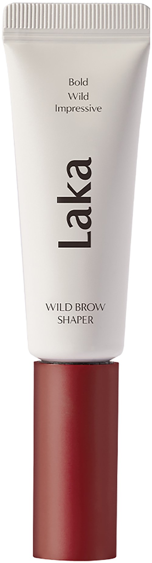 Een witte tube met een rood deksel die 'Laka' heet en een wenkbrauwvormproduct is.