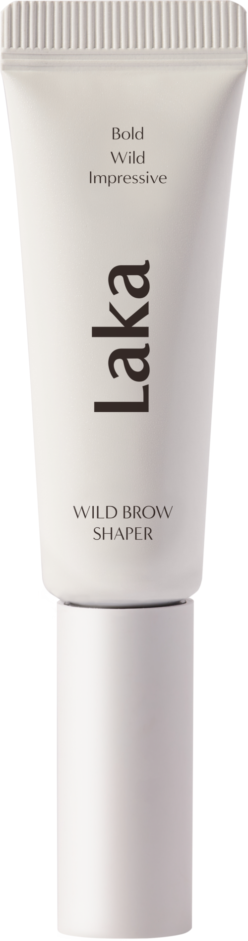 Een witte tube met de tekst 'Laka Wild Brow Shaper' en woorden 'Bold, Wild, Impressive'.