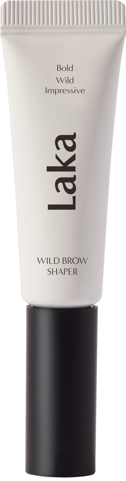 Valkoinen putki mustalla korkilla, lukee 'Laka Wild Brow Shaper', kulmakarvojen muotoiluun.