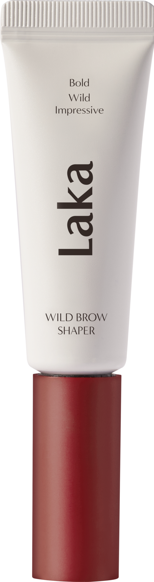 Een witte en rode tube met "Laka" erop, met woorden "Bold, Wild, Impressive" en "Wild Brow Shaper".