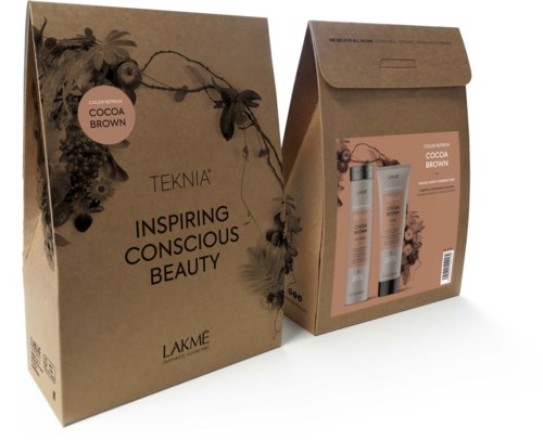 Set of beauty products with brown packaging, labeled 'Cocoa Brown', includes three bottles in a box.
