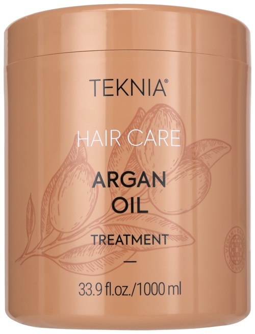 A brown container of Teknia Hair Care Argan Oil Treatment with a leaf design, 33.9 fluid ounces or 1000 ml.