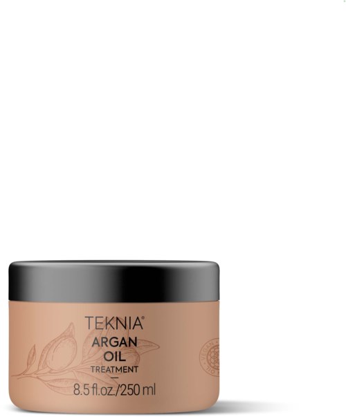 A round, peach-colored container with a black lid, labeled 'Teknia Argan Oil Treatment' and 250 ml capacity.
