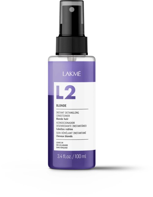 Violetti pullo Lakme L2 Blonde Instant Detangling Conditioner -hoitoaine vaaleaan hiukseen, spray-toiminnolla.