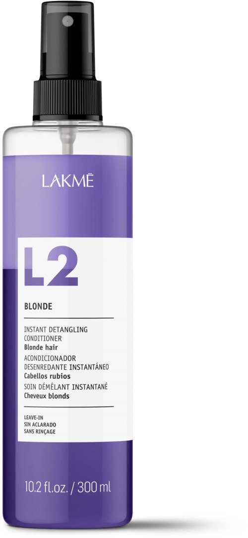 Lavendelkleurige sprayfles met zwarte dop, label Lamke L2 blond conditioner, 300 ml.