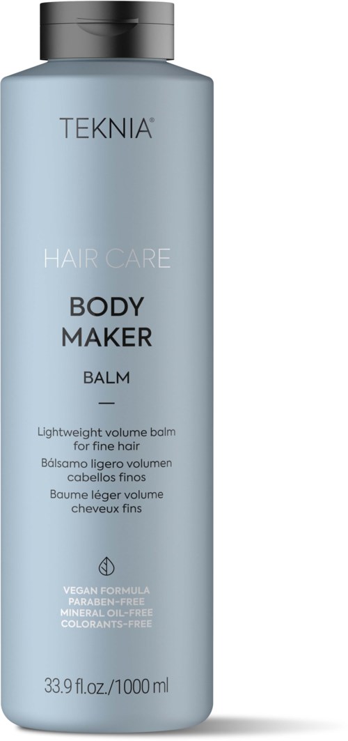Jasnoniebieska butelka TEKNIA Body Maker Balm do cienkich włosów, wegański, cruelty-free, bez oleju i barwników. 1000 ml.