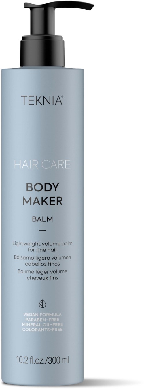Light blue bottle with a pump. Text says TEKNIA, HAIR CARE, BODY MAKER BALM, and details about usage and ingredients.