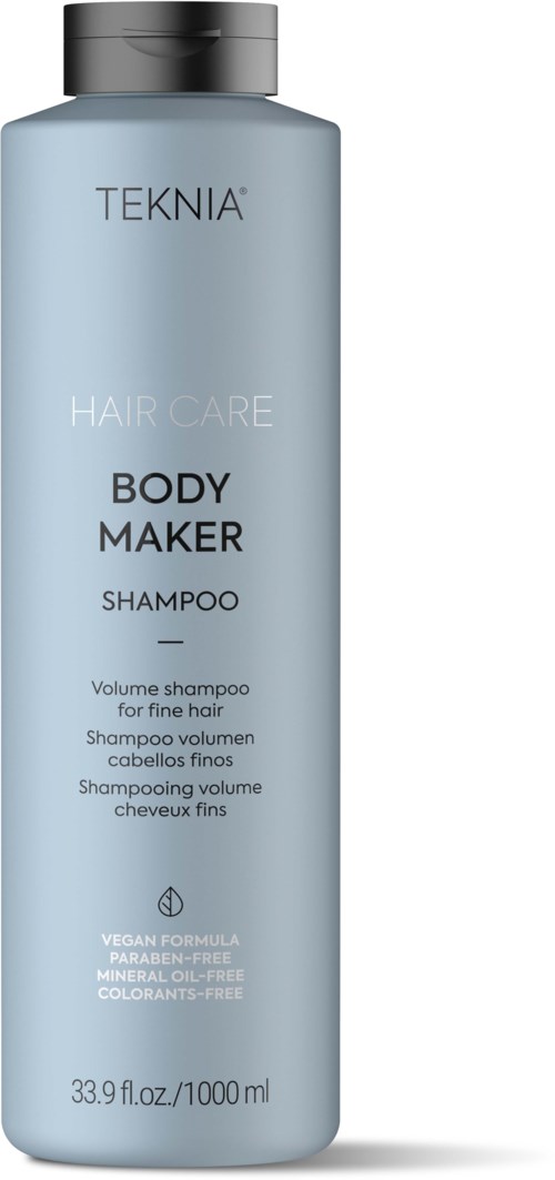 A light blue bottle labeled TEKNIA, Body Maker Shampoo for fine hair, vegan, sulfate, mineral oil, and colorant free.