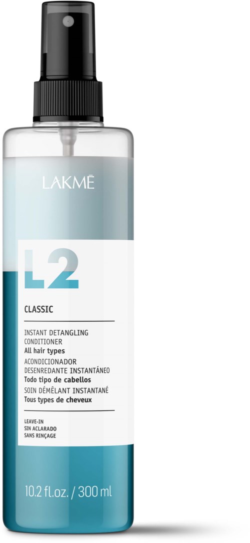 A hair conditioner spray bottle labeled LAKME L2 Classic, 300 ml, for all hair types, instant detangling.