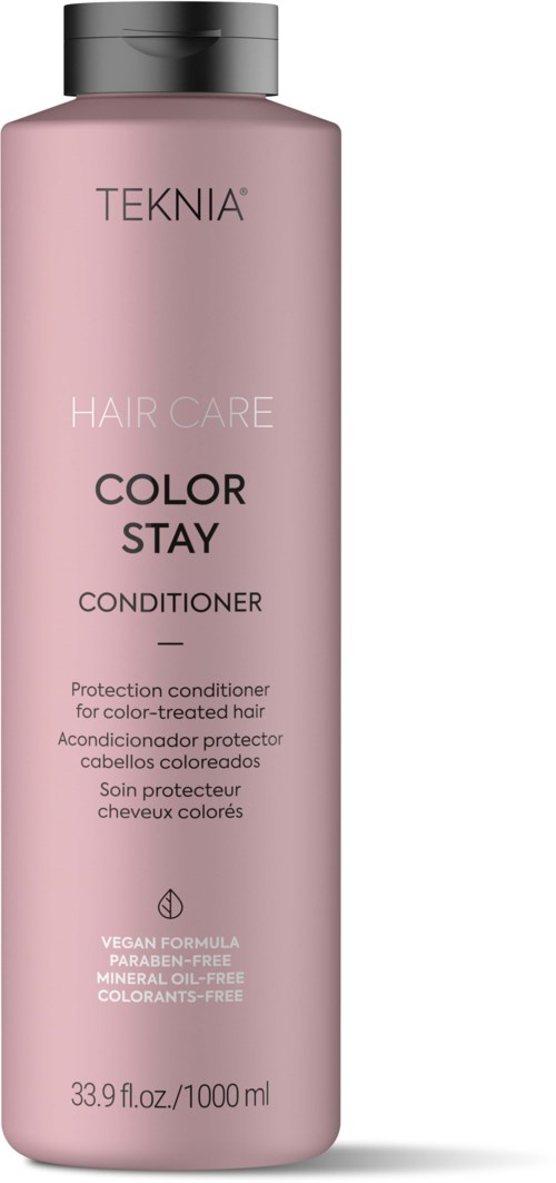 En rosa flaska av TEKNIA Hair Care Color Stay Conditioner med svart lock, enkel design och produktdetaljer.