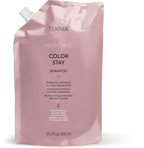 Pink shampoo pouch for color-treated hair, with TEKNIA and COLOR STAY label, 600ml volume.