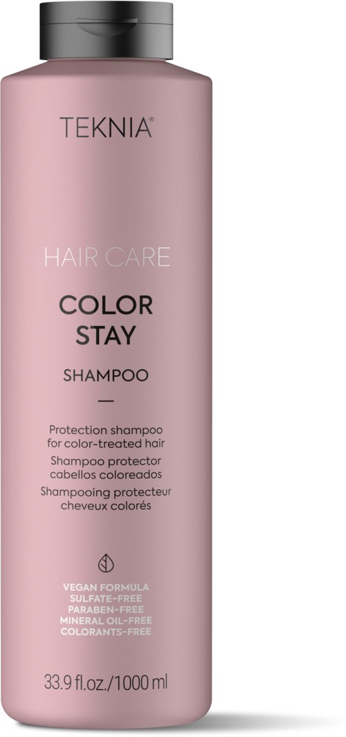 A pink bottle of TEKNIA Hair Care Color Stay Shampoo with a black cap and product details written on it.
