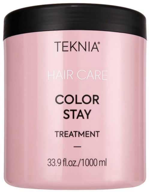 Ett rosa burk med svart locka visar Teknia Hair Care Color Stay Treatment, 33,9 fl oz, för hårvård.