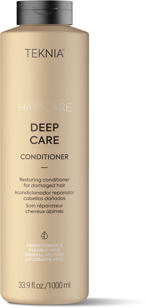 Een beige fles met een zwarte dop, met het label TEKNIA Deep Care Conditioner voor beschadigd haar.
