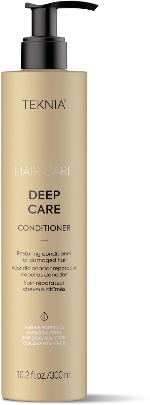 A beige bottle with a black pump labeled TEKNIA Deep Care Conditioner for damaged hair. It is 300 ml.