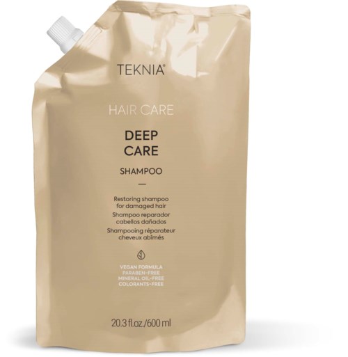 A beige refill pouch with a white cap, labeled 'TEKNIA HAIR CARE DEEP CARE SHAMPOO' for damaged hair, 600ml.