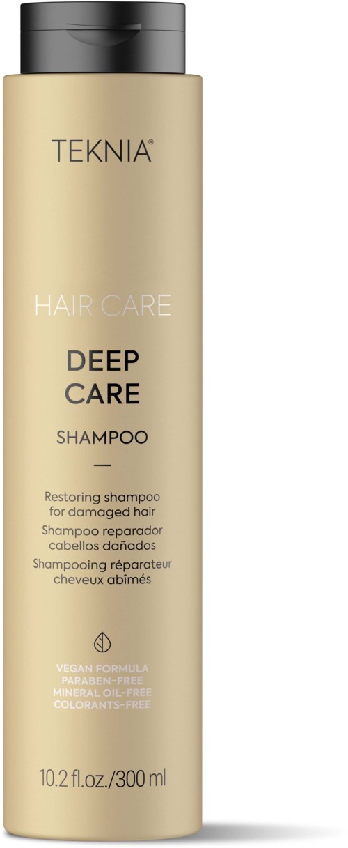 En beige flaska av TEKNIA Deep Care Shampoo för skadat hår, innehållande 300 ml produkt.