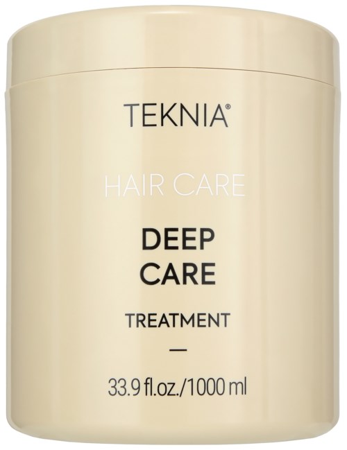 A beige container of Teknia Hair Care Deep Care Treatment with 1000 ml capacity.