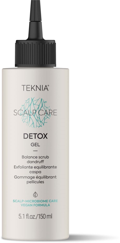 En vit flaska med svart spets, märkt 'TEKNIA Detox Gel' för hårbottenvård och mjällbehandling.