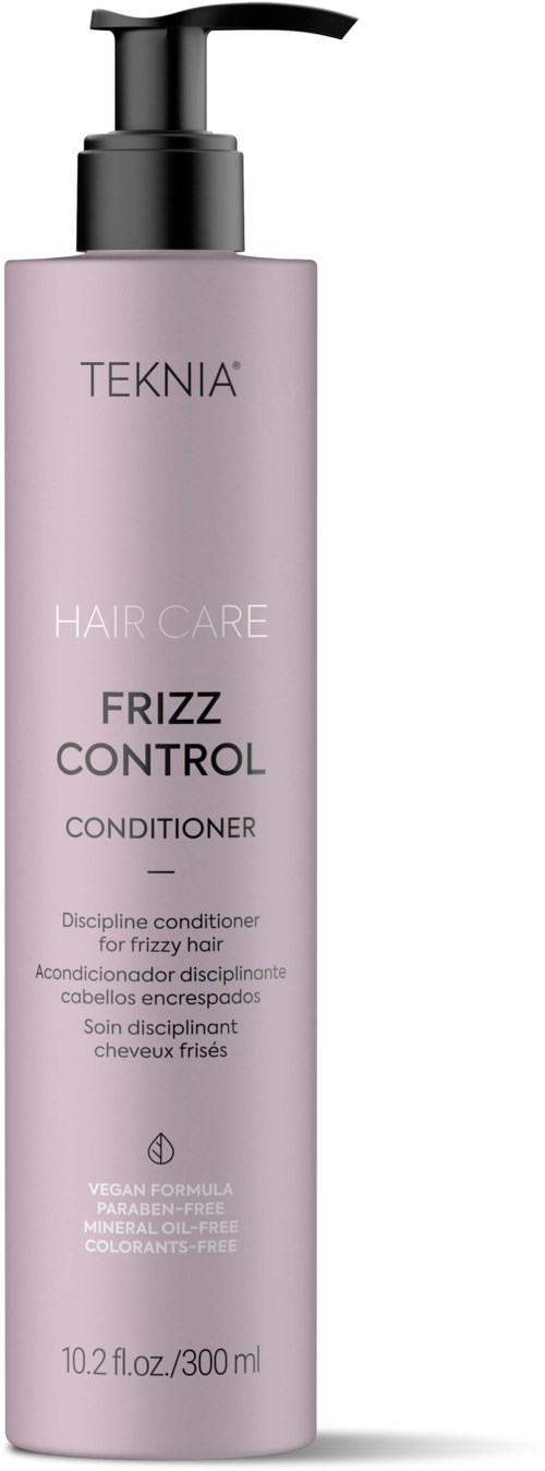 Pitkä, vaaleanpunainen pullo, jossa on musta pumppu, ja siinä lukee 'TEKNIA Hair Care Frizz Control Conditioner.'