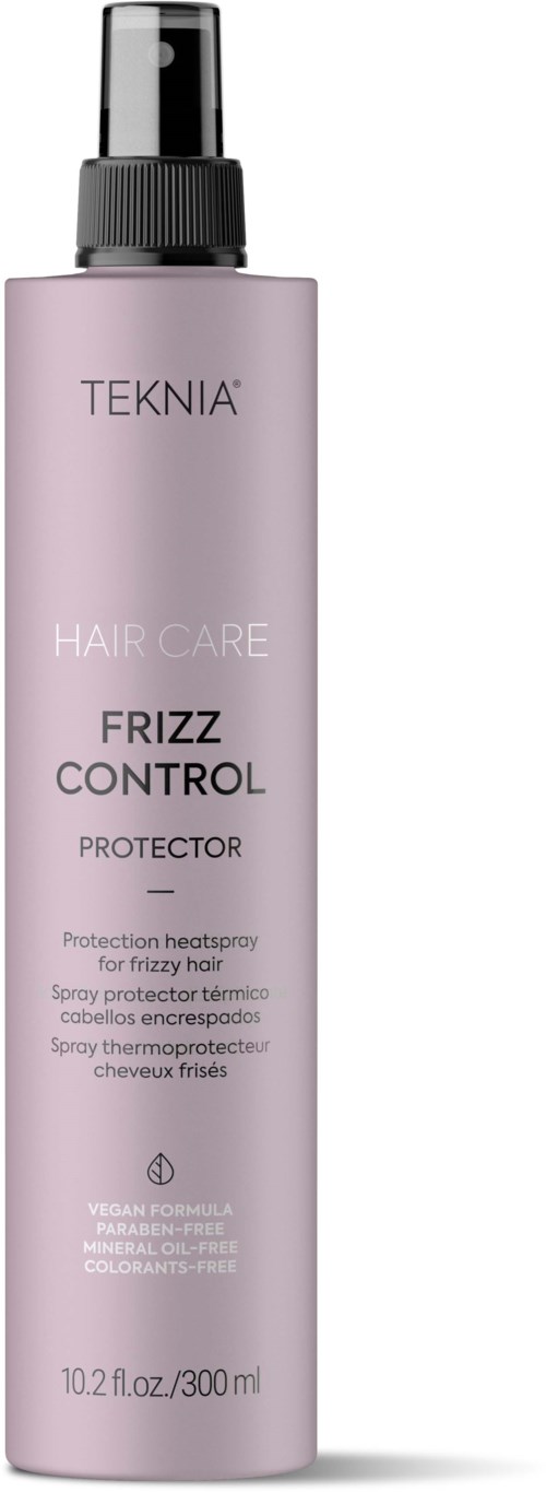 En rosa sprayflaske merket 'TEKNIA HAIR CARE FRIZZ CONTROL PROTECTOR' for hårbeskyttelse mot varme.