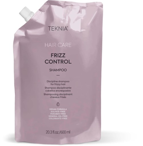 Pink påfyllingspose for TEKNAHAIR CARE Frizz Control Shampoo med hvit lokk, 600 ml størrelse.