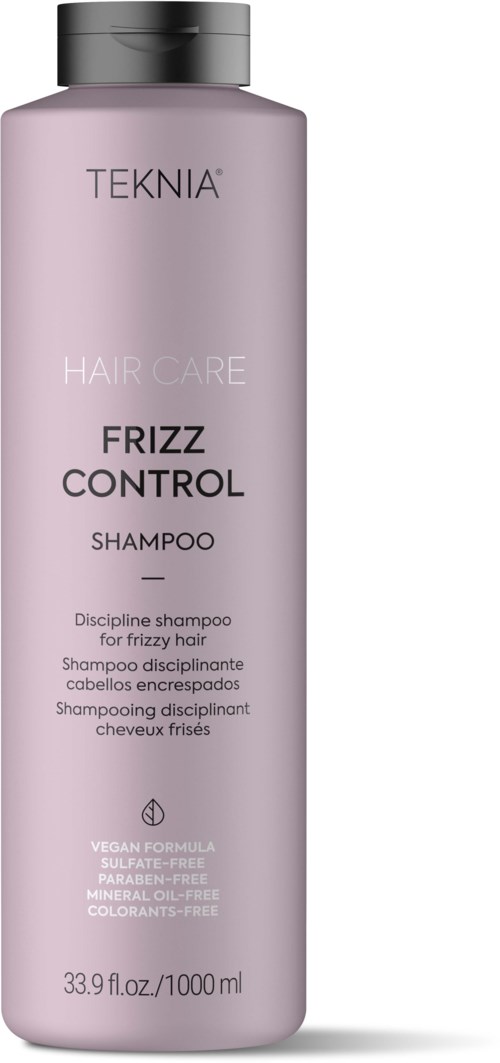 Een lange, lavendelkleurige shampoefles met zwarte dop, gelabeld 'TEKNIA HAIR CARE FRIZZ CONTROL SHAMPOO' en details.