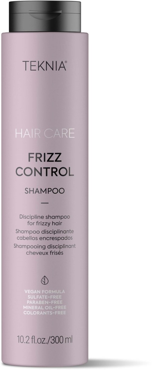 En lang, rosa flaske merket Teknia Hair Care Frizz Control Shampoo, med svart lokk og enkel design.