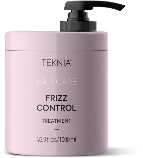 Lys rosa flaske med svart pumpe merket 'Teknia Hair Care Frizz Control Treatment' og størrelse 33,9 fl oz.