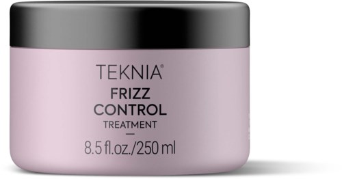 Een roze potje met TEKNIA Frizz Control Treatment en een zilveren deksel.
