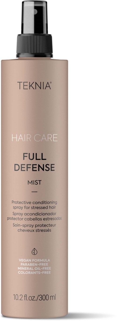 Beige Sprayflasche mit der Aufschrift 'Teknia Hair Care Full Defense Mist' zum Schutz der Haare. Es sind 10,2 Unzen.