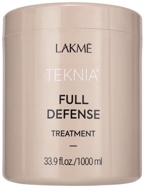 Een beige pot met Lakmé Teknia Full Defense Treatment met zwarte en witte tekst.