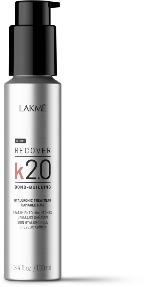 Een zilveren en zwarte fles met 'LAKME RECOVER k2.0' voor haarbehandeling. Nadruk op bonding en hydratatie.