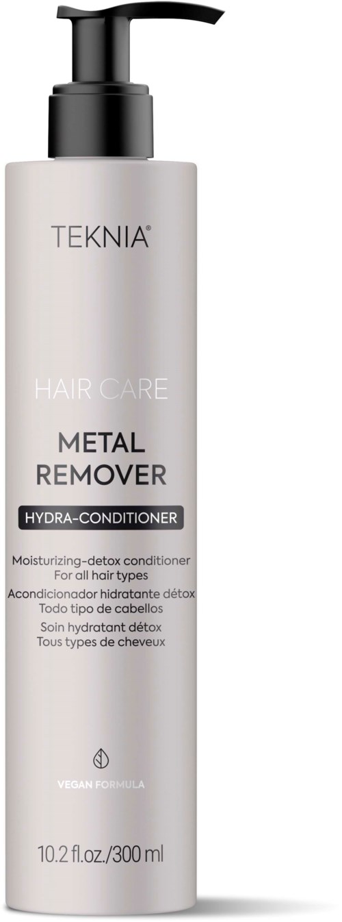A white bottle with a pump labeled 'Teknia Metal Remover', for hair, with hydra-conditioner, vegan formula, 10.2 fl oz.