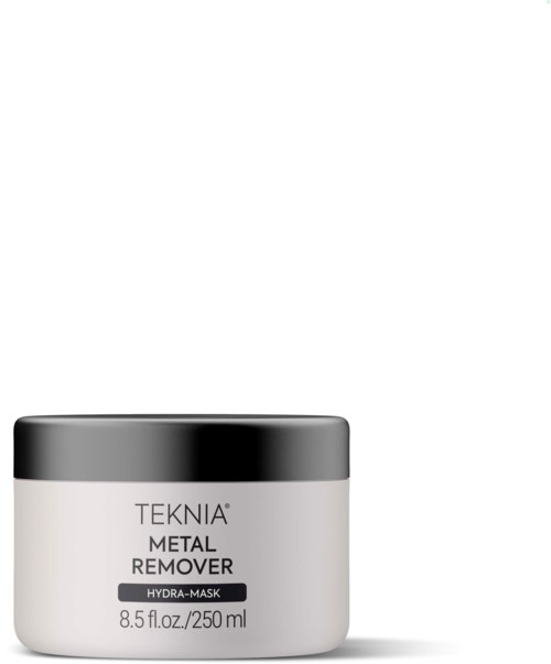 Tölkki TEKNIA Metal Remover Hydra Mask, 8,5 fl oz ja 250 ml, hopeanvärisellä kannella.
