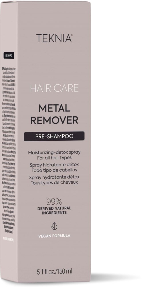 Een lichtgrijze doos met plantaardige haarverzorging pre-shampoo spray, 150 ml, met zwarte accenten en tekst.