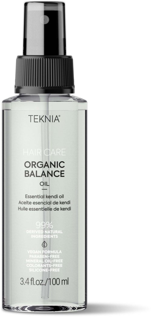 Een heldere fles met zwarte spraydop, gemarkeerd TEKNIA Organic Balance Oil, bevat 100 ml haarverzorgingsolie.