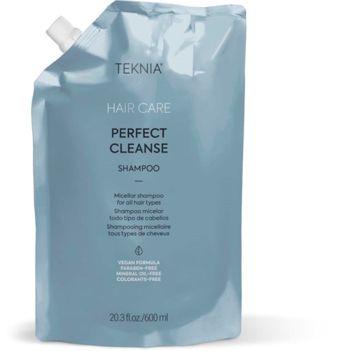 A light blue refill pouch of TEKNIA Hair Care Perfect Cleanse Shampoo for all hair types.