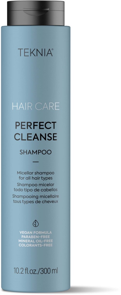 Blå flaska av TEKNIA Hair Care Perfect Cleanse Shampoo med svart lock, innehållande 300 ml.