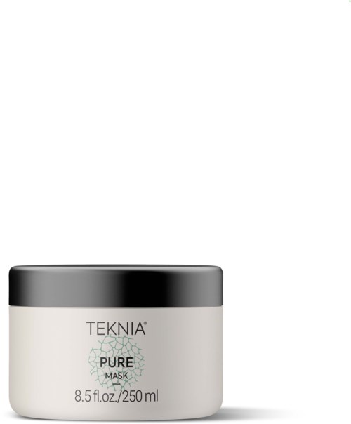 Een potje TEKNIA PURE masker, 8,5 ounce, op een witte achtergrond.