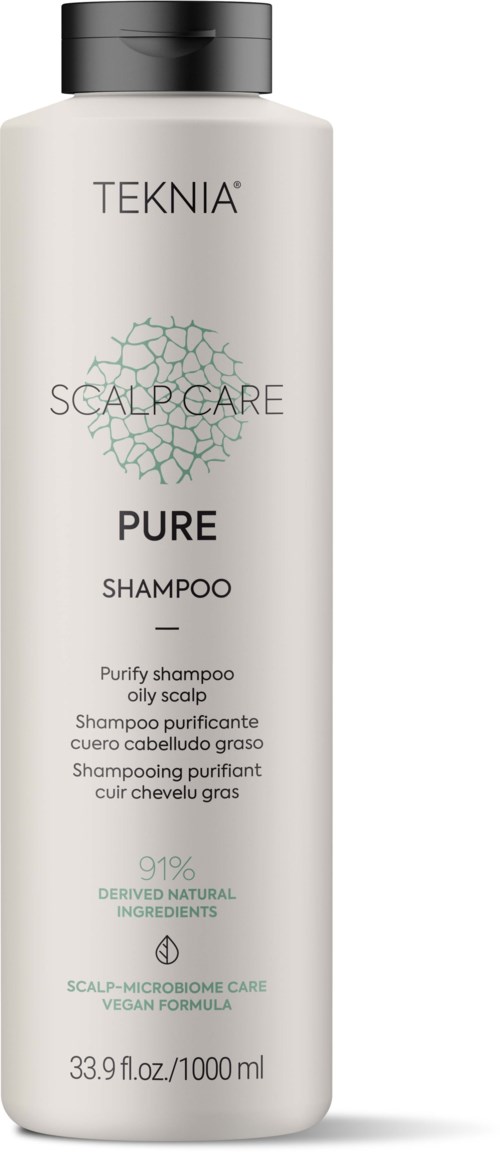 Valkoinen pullo TEKNIA Scalp Care Pure Shampoo, mustalla kannella, tarkoitettu rasvaisen päänahan puhdistukseen.